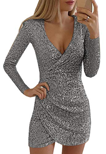 Mini Vestido De Fiesta con Purpurina con Cuello En V Y Lentejuelas De Manga Larga para Mujer Gris XS Cover