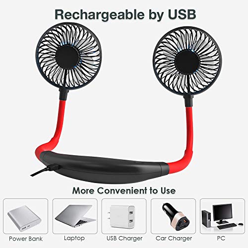 Portable Hanging Neck Sports Fan - Hands Free USB Rechargeable Personal Wearable Neckband Fan Battery Operated with 3 Level Air Flow Headphone Design Cooling (Black-Red)