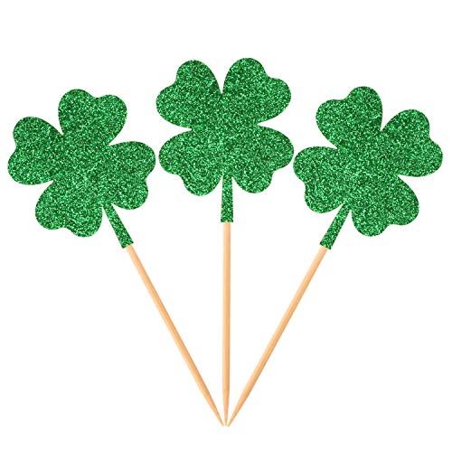 Donoter 36 Pcs Four Leaf Clover Cupcake Toppers Glitter Green