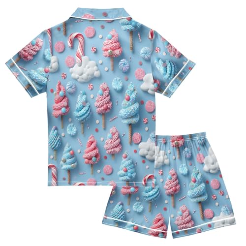 Satin Pajama Sets Short Sleeve Candy Trees and Clouds Pattern Button Down Silky Nightwear 2 Piece PJS 5-14Y2