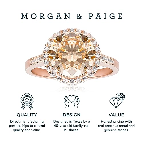MORGAN & PAIGE .925 Sterling Silver 14K Rose Gold Plated Champagne and Clear Cubic Zirconia Elegant Halo Engagement Ring - Dazzling Champagne-Hued Center Stone Sterling Silver Rings, Size 74