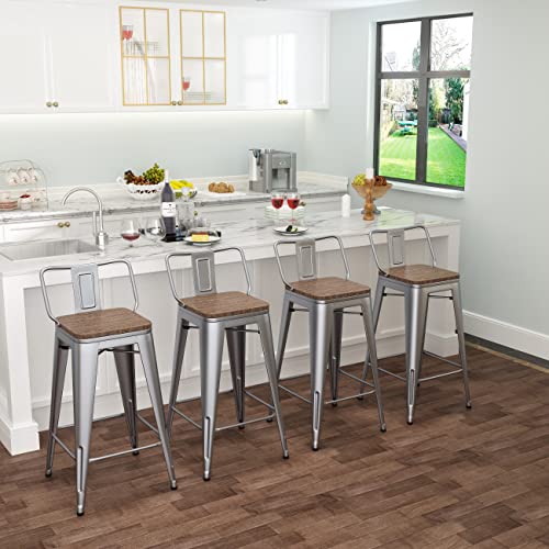 Tongli Metal Bar Stools Set Of 4 Barstools Counter Height Bar Stools With Back Industrial Bar Stool Indoor Counter Stool Kitchen Island Stools Modern Bar Chair With Wood Top 26 Inch Silver #TOP3