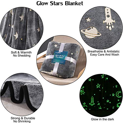 Glow In The Dark Throw Blanket For Kids Baby Toddler Twin Size Soft Flannel Fleece Universe Galaxy Stars Moon Space Shining Luminous Cover Blanket For Couch Sofa Bed Nap Blanket For Girls Boys #TOP2