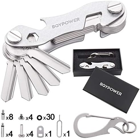 Smart Compact Key Organizer - Keychain & Stainless Steel- Pocket Key Holder Up to 22 Keys- Loop Piece for Car FOB, Includes Sim & Bottle Opener, Phone Stand, Carabiner & More (Silver)