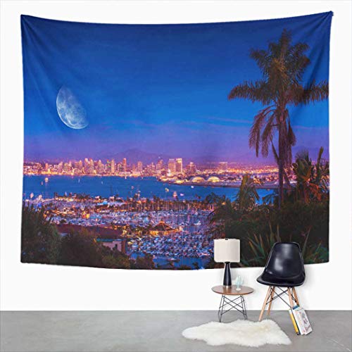 Tapeçaria de parede Uoopati USA San Diego California Night Grande Lua The Horizon Yachts Tapeçaria d
