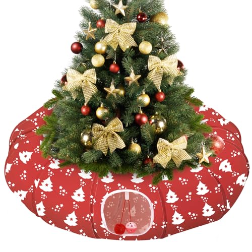 Image of Pawaboo Cat Tunnel Bed Under Christmas Tree, 35.4'' Christmas Cat Toy Circle Tunnel with Ball,Cats Tunnels Christmass Trees Skirt Decorative Festive Foldable Kitty Tube Tunnels for Cats(Red Xmas Tree)