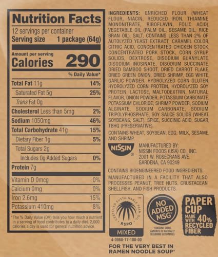Nissin Cup Noodles Ramen Noodle Soup, with Shrimp, 2.25 Ounce (Pack of 12)