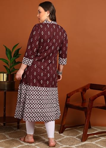 Image of Yash Gallery Women's Cotton Relaxed Fit A Line Rayon & Cambric Zig-Zag Printed A-Line Kurta