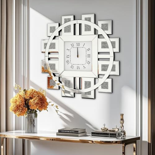 Artloge Horloge Murale Design Moderne: 80cm Diamant Pendule Murale Géométrique Silencieuse sans Tic-Tac, Grande Cristal Montre Murale Salon en Verre Biseauté pour...