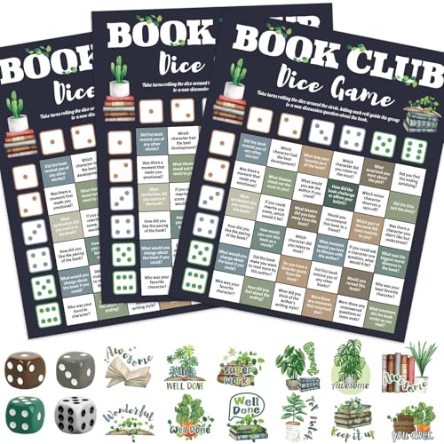 Qyeahkj 24 Set Book Club Dice Game Cards for Adults Reading Group Discussion Question Cards with Reward Stickers Book Review Dice Game for Night Books Party Favors Readers BookLovers Community Gift