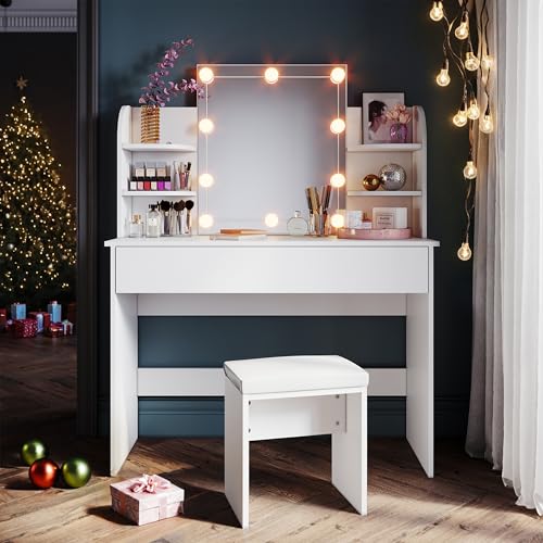 SONNI Tocador de Maquillaje con Luz y Taburete,Espejo y LED Regulable,Mesa Tocadores Maquillaje Moderno Blanco Dormitorio 10 Bombillas
