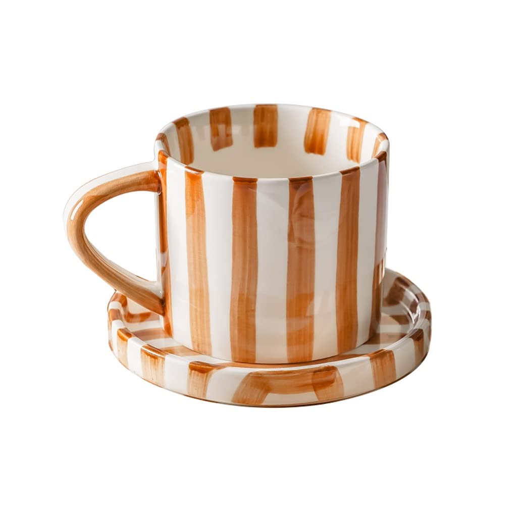 Nff Tea Cup And Saucer Set, Ceramic Coffee Mug And Saucer Vintage Hand Painted Striped Afternoon Tea Cup Set, Suitable For Coffee, Milk, Tea, 250ML (Color : Brown)
