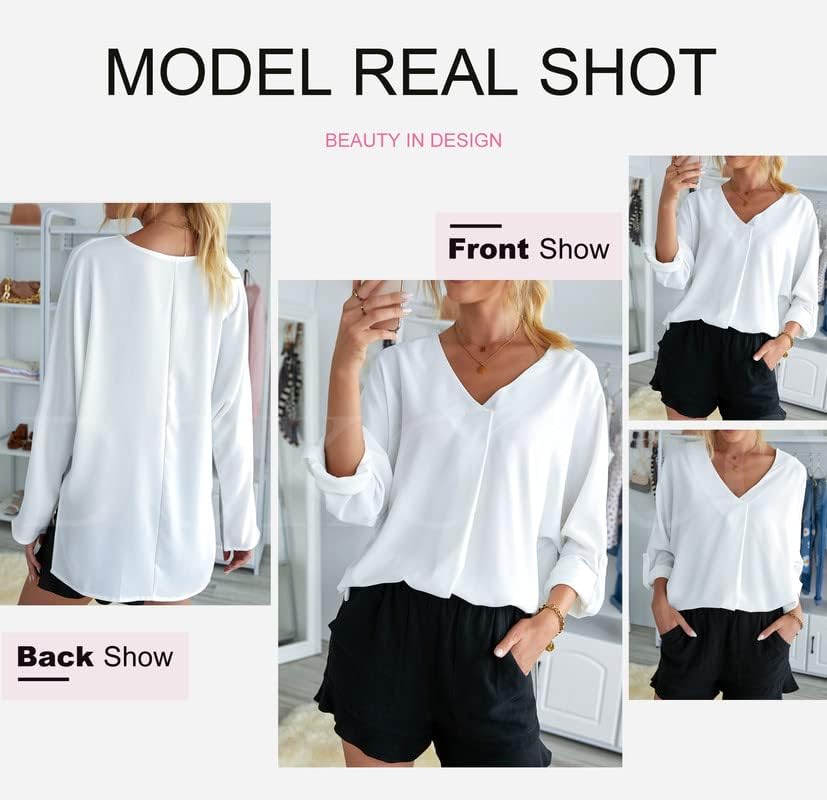 Miniatura 4 de Dokotoo Blusas y blusas de verano para mujer, manga 34 acampanada, cuello en V, de gasa, suave, lisas, casuales, holgadas, a la moda