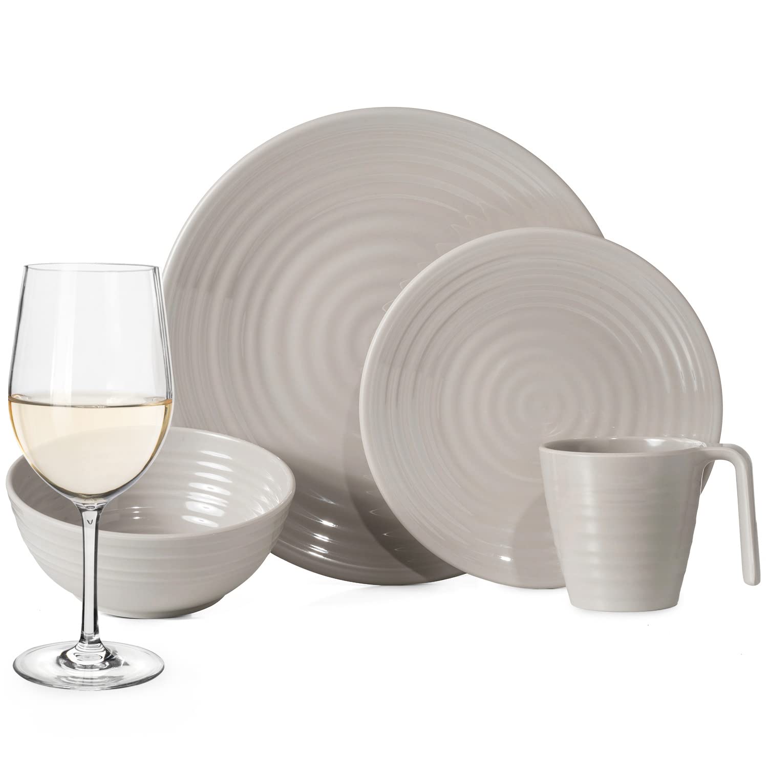 Juego de vajilla de melamina para camping (4 personas, 16 piezas, incluye 4 copas de vino Tiamo, color blanco)