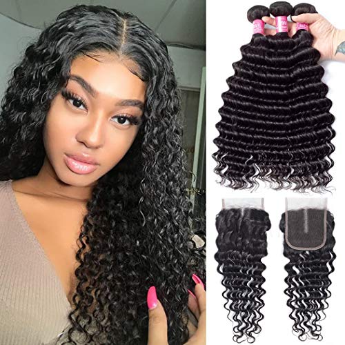 8A Brazilian Human Hair Bundles with Closure Deep Wave Deals (26/28/30+20 Inch) 100% Unprocessed Brazilian Deep Wave Hair Bundle with Lace Closure Middle Part Remy Virgin Hair Extensions Natural Color