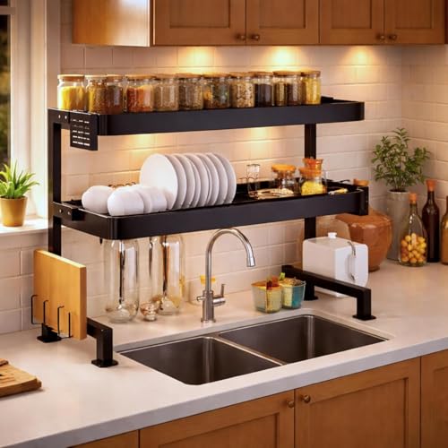 Image of Stainless Steel Over-the-Sink Dish Drying Rack | 2-Tier Space-Saving Bartan Stand | Anti-Rust Utensil Drainer with Cutlery Holder & Tray
