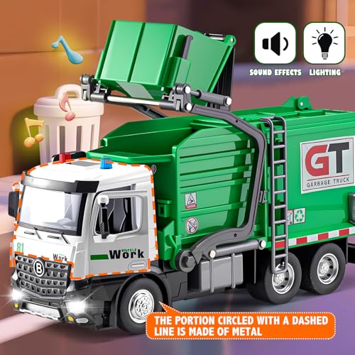 Garbage Truck Toys Metal Cab, Friction Powered Waste Management Garbage Truck with Lights and Sounds, Recycling Truck Toy Gift for kids, Front Loader with Dumpster, 4 Trash Bins with Trash Cards, 12"