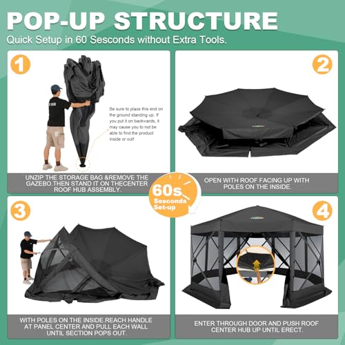 Image of COBIZI 15x15 FT Pop Up Gazebo - Canopy Tent, Large Gazebos On Clearance with Sidewalls, Screened in Gazebo,carpas para Patio,Portable Screen Tents for 12-15 Persons Outdoor Camping, Backyard,Black