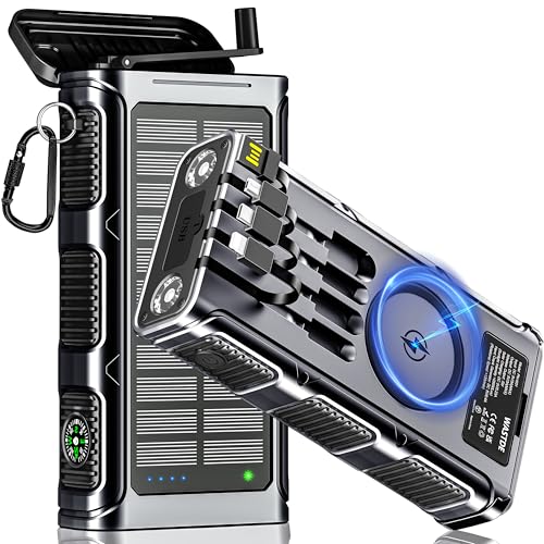 WASTDE Batterie Externe Solaire sans Fil 26800 mAh avec Manivelle et 4 Câbles, Chargeur Solaire USB-C Charge Rapide 7 Sorties et 4 Entrées pour Téléphone, Batterie Externe étanche pour Camping