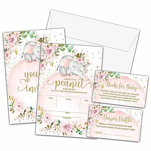 KFNER Blush Pink Floral Elephant Baby Shower Invitations Set, Sweet Little Peanut Diaper Raffle Tickets and Book Request Cards, Moon and Stars Gender Reveal Party Supplies Decorations -01