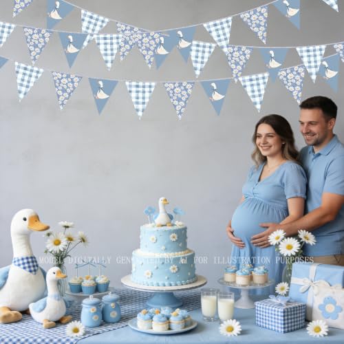 Image of 30 Ft Silly Goose Party Decorations Dusty Blue Buffalo Plaid Floral Daisy Pennant Banner Flag Hanging Paper Triangle Bunting for Silly Goose Birthday Wedding Shower Party Decorations Supplies