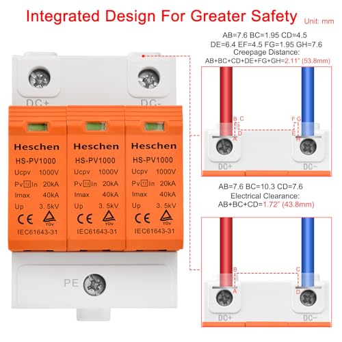 Heschen Surge Protective Device for PV HS-PV1000, 3P 1000VDC 20KA, Fire-Proof, 35mm DIN Rail Mounting - Image 3
