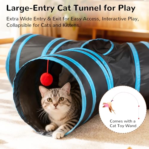 Image of Tempcore Cat Tunnel for Indoor Cats, 3 Way Collapsible Pet Play Tunnel with Teaser Wand, Peek Holes & Hanging Ball, Interactive Tube for Kittens & Rabbits, Black & Blue Large Size