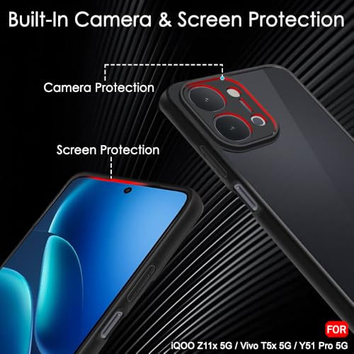 Image of TheGiftKart Hybrid Shockproof Back Cover Case for iQOO Z11x 5G / Vivo T5x 5G / Vivo Y51 Pro 5G | Camera Protection Bump | Smoke Black Matte Hard Translucent Back Cover Case (PC & TPU, Black Bumper)