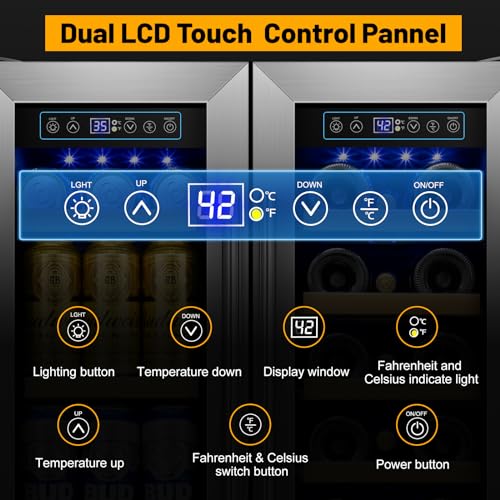 Image of Wine and Beverage Refrigerator, 24 Inch Beverage Cooler Dual Zone with Glass Door, Built-in /Freestanding Beverage Fridge with Upgraded 20 Bottles and 90 Cans Large Capacity