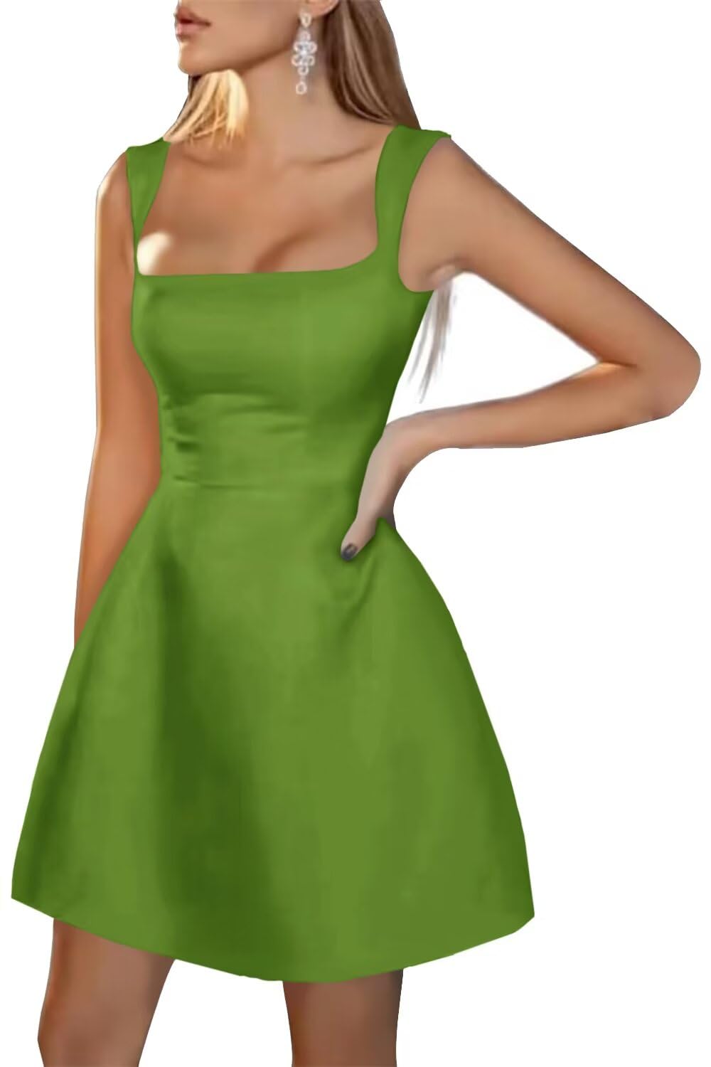 Eightale Vestido corto de satén para regreso a casa, cuello cuadrado, acampanado, vestido formal de cóctel