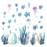 Vookkp Wandtattoo Schildkröte Fliesenaufkleber Seegras Wasserfeste Wandtattoos für Das BadWandtattoo Badezimmer PVC Meerestiere Wandtattoo Dekoration Fliesenaufkleber Bad Für Kinderzimmer