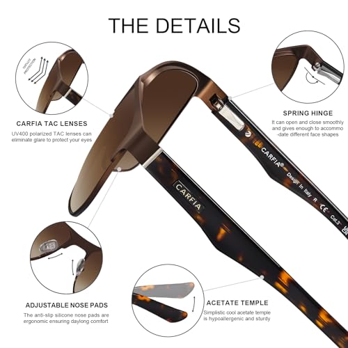 CARFIA Metal Polarized Men's Sunglasses, UV400 Lenses, Spring Flexible Hinge, Acetate Arm, with Sunglasses Case2