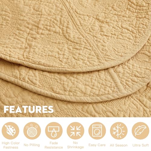Image of Oversized King Bedspread 128x120 Extra Wide, Stitched Paisley Cotton Quilt Set King /Cal King, Lightweight Reversible Coverlet, Scalloped Edge - Warm Classic Look, 5 Piece, Honey Gold