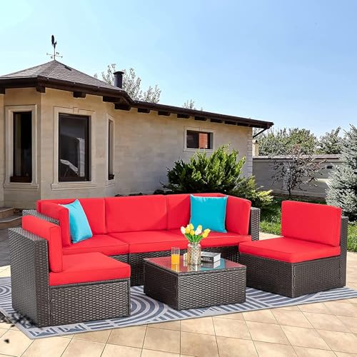 Image of Vongrasig 6 Piece Patio Furniture Set, Small Outdoor Sectional Couch, Red