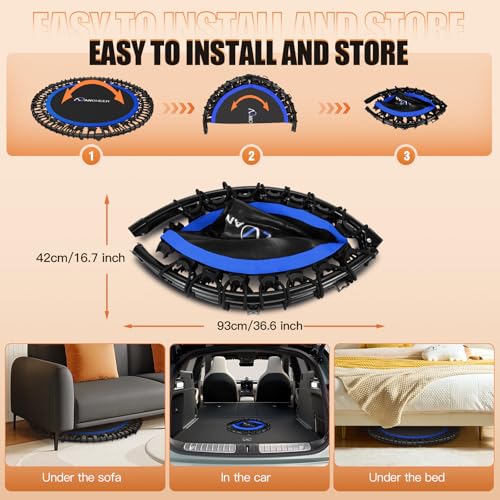 Image of ANCHEER 40 inch /48 inch Foldable Mini Trampoline,Max Load 450lbs /550lbs Indoor Trampoline,with 4 Level Adjustable Foam Handle and Resistance Bands,Adult Exercise Trampoline for Home, Garden, and Gym