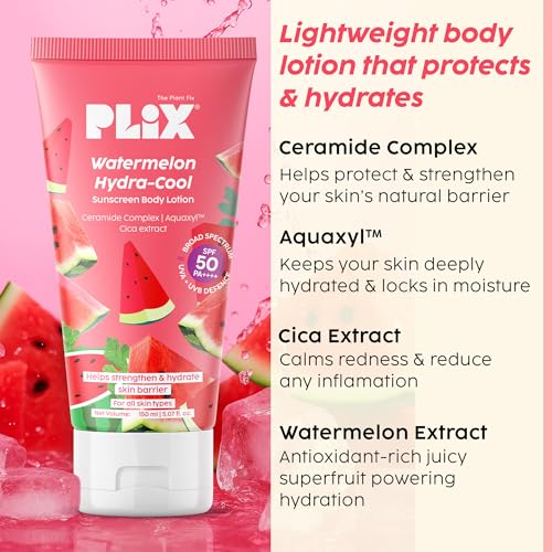 Image of PLIX - THE PLANT FIX Watermelon Hydra-Cool Sunscreen Body Lotion With SPF 50 | PA++++ | Ceramides, Cica, Aquaxyl & Frescolat ML | Lightweight 2-in-1 Body Lotion + Sunscreen (Pack of 1, 150ml)