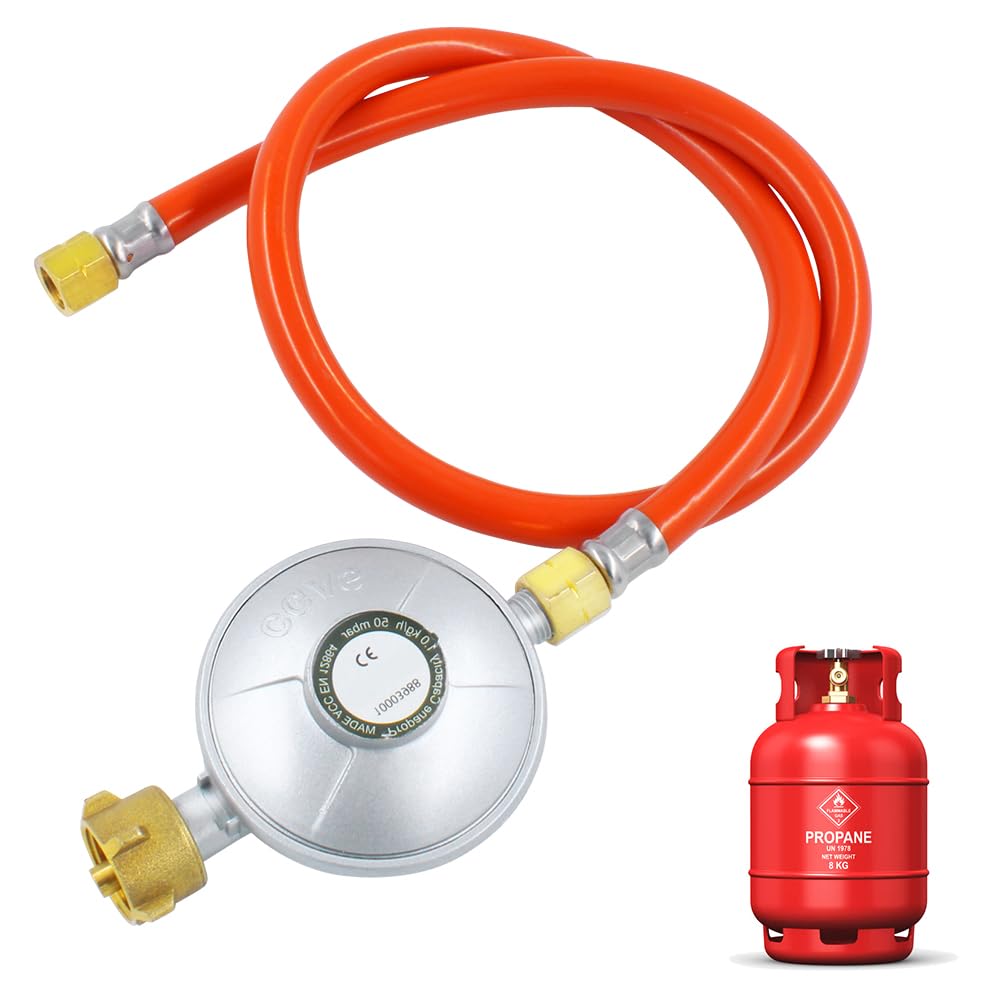 Réducteur de Pression de gaz 50mbar, Régulateur de Pression de gaz en kit avec Tuyau de gaz de 150cm de Long,pour réchaud à gaz, barbecues à gaz ou barbecues à Paella