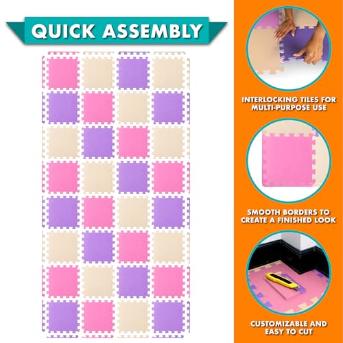 Image of ProSource Baby Play Mat, Soft Foam Floor Tiles for Kids, Interlocking EVA Panels for Playpen Use, Crawling Development Surface, Safe Non-Toxic Toddler Flooring, 32 Tiles, Pink /Purple /Beige