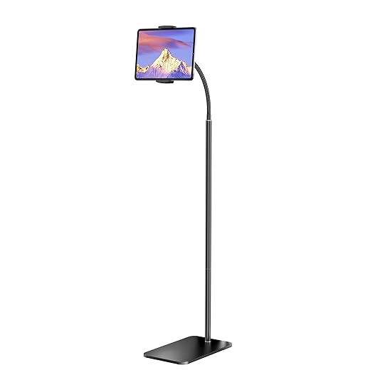 iPad Stand, Adjustable Tablet Floor Stand Metal Tablet Holder with Flexible Gooseneck, Compatible with iPad, Kindle, and Cell Phones (4.7''-13''), Ideal for Hands-Free Use