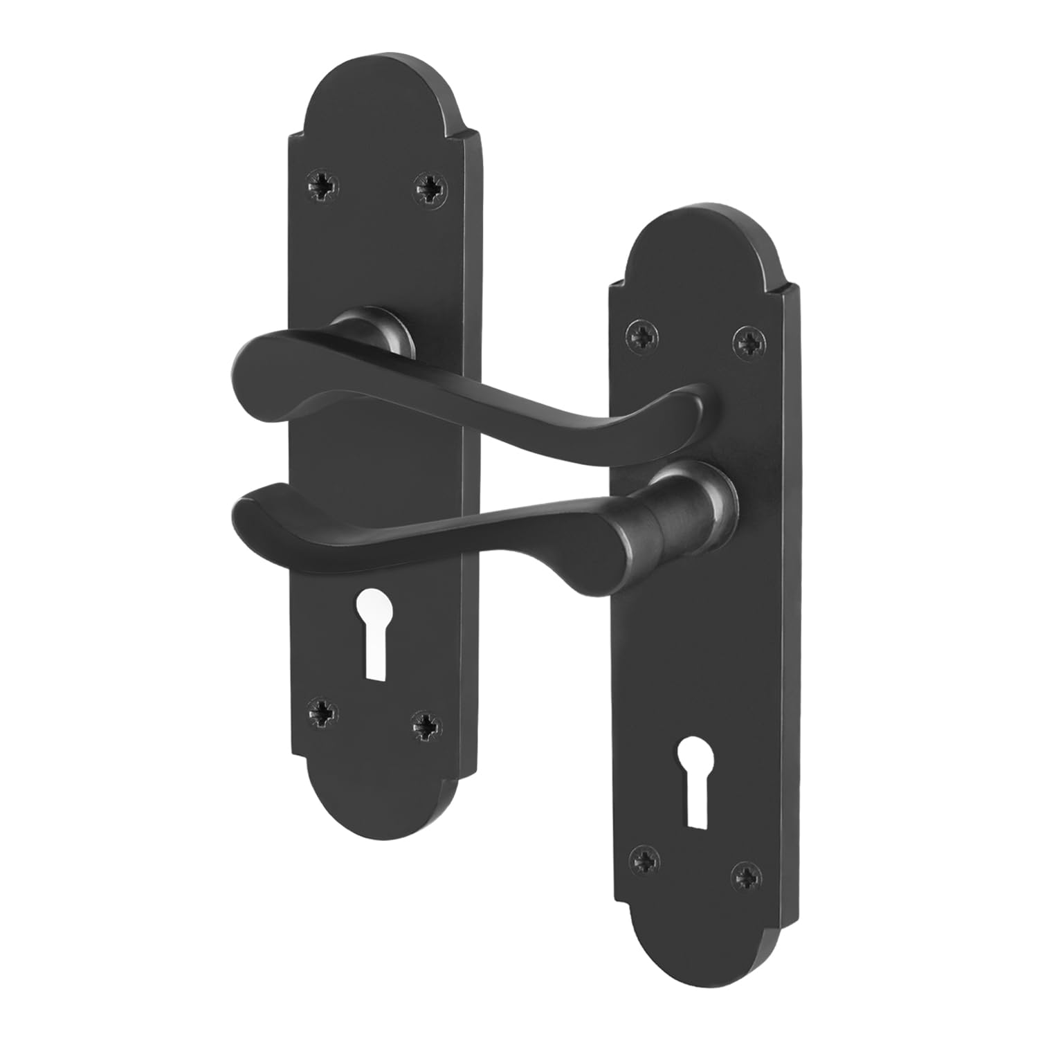 EAI Black Door Handles Lock Set, 1 Pair of Internal Matt Black Victorian Scroll Shaped Backplate Handle — image 1