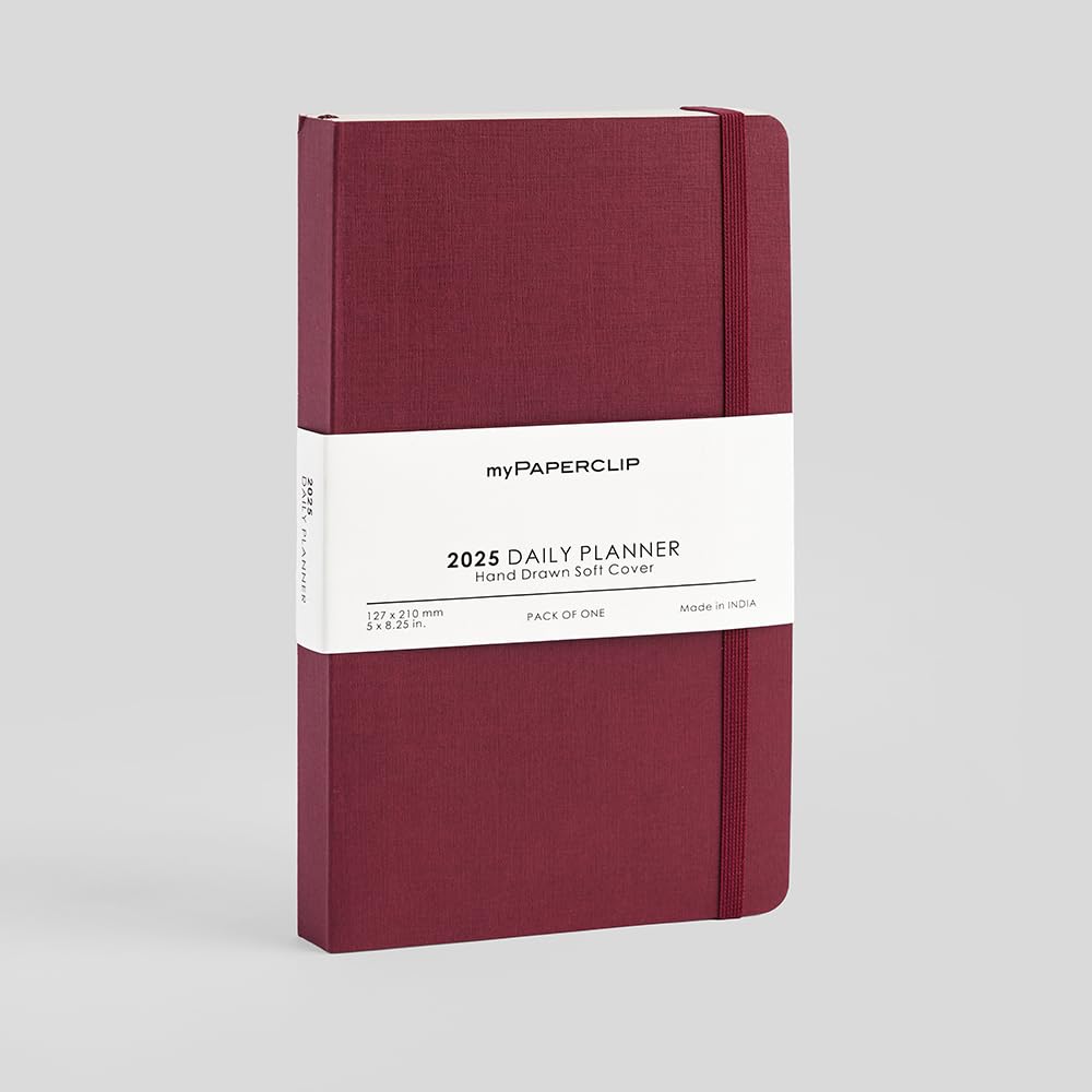 2025 Daily Planner, Section Thread Bound, Hand Drawn Paper Back, Medium (127 x 210 mm, 5 x 8.25 in), Claret
