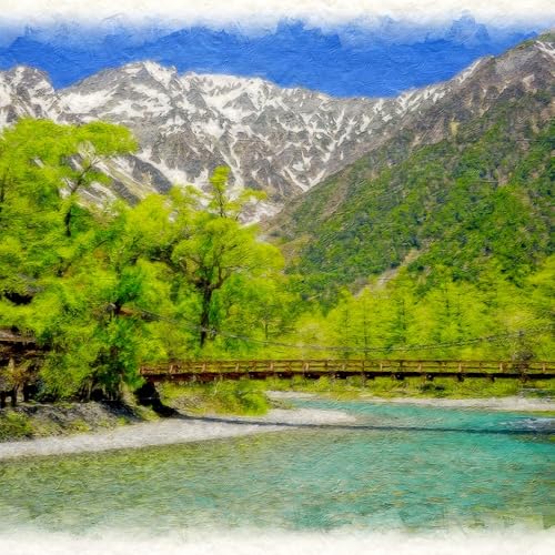 風水 絵 絵画 玄関 インテリア アートパネル 風景画 おしゃれ 壁掛け 和紙の絵写真 「河童橋と新緑の上高地」 平面額縁付き 44x32cm 山の絵 Natural Memories [3]