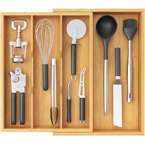 Lifewit Organizador Utensilios Extensible, de 3 a 4 Compartimentos, Bandeja Cubiertos de Bambú, Separadores Ajustable de Cajones Cocina Armario, para...