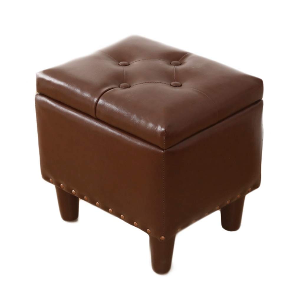 Pouf en cuir marron pour salon, petit banc à chaussures et coffre à jouets