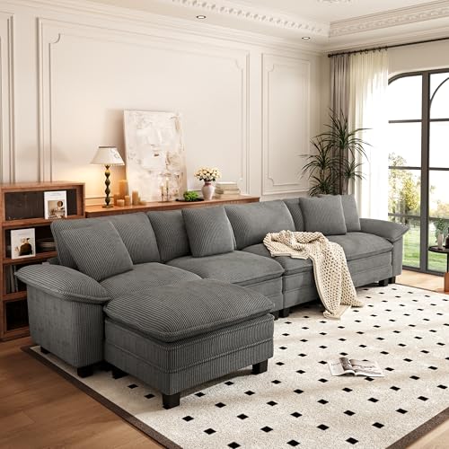 Image of PHI VILLA Cloud Modular Couch Sets, 157.5 inch Oversized Sectional Sofa with L-Shaped Chaise, 5-Seater Upholstered Couches with Movable Ottoman for Living Room, Corduroy Grey