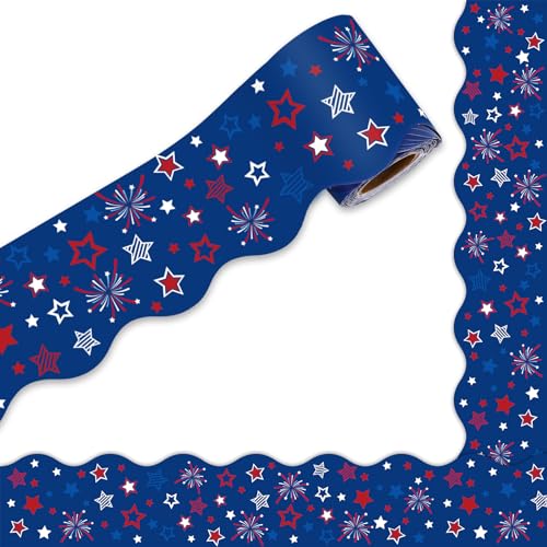 AnyDesign 32.8Ft Patriotic Bulletin Board Border 4th of July Red Blue Stars Firework Die Cut Trim Border Roll for Independence Day Party Classroom Chalkboard School Decor