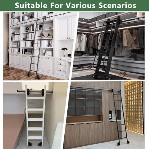 Gold Sliding Library Ladder Hardware Kit - Heavy Duty Carbon Steel Rolling Track with Floor Roller Wheels, 26.2 ft, Ideal for Attics & Libraries, No Ladder Included