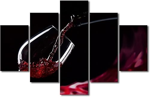 Lienzo decorativo para pared de 5 paneles, decoración de pared en blanco y negro, vino tinto en el vidrio, arte de pared, impresiones artísticas de