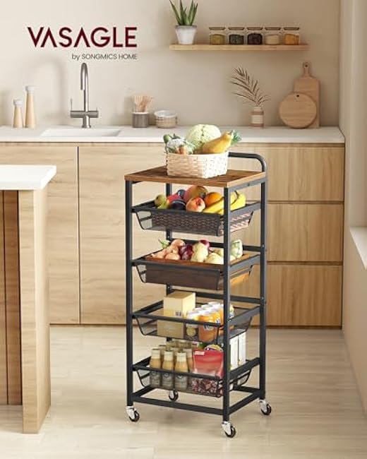 VASAGLE Storage Cart with Pull-Out Baskets, 5-Tier Kitchen Cart with Wheels, Handle, 12.5 x 15.8 x 37.4 Inches, Rustic Brown and Ink Black ULRC041K01-wKVpnVPE