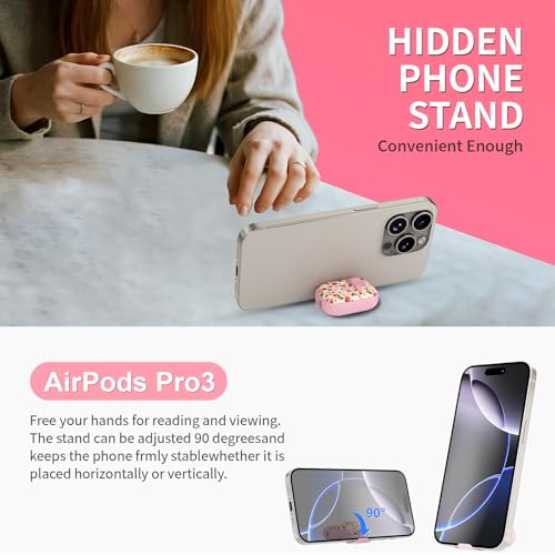 Image of for AirPods Pro 3 Case with Lock & Phone Stand,Cute Floral Pattern Style | PC & TPU Dual Layer Protective Cover with Keychain & Cleaner Pen for Apple AirPod Pro 3rd Generation Women (Strawberry)